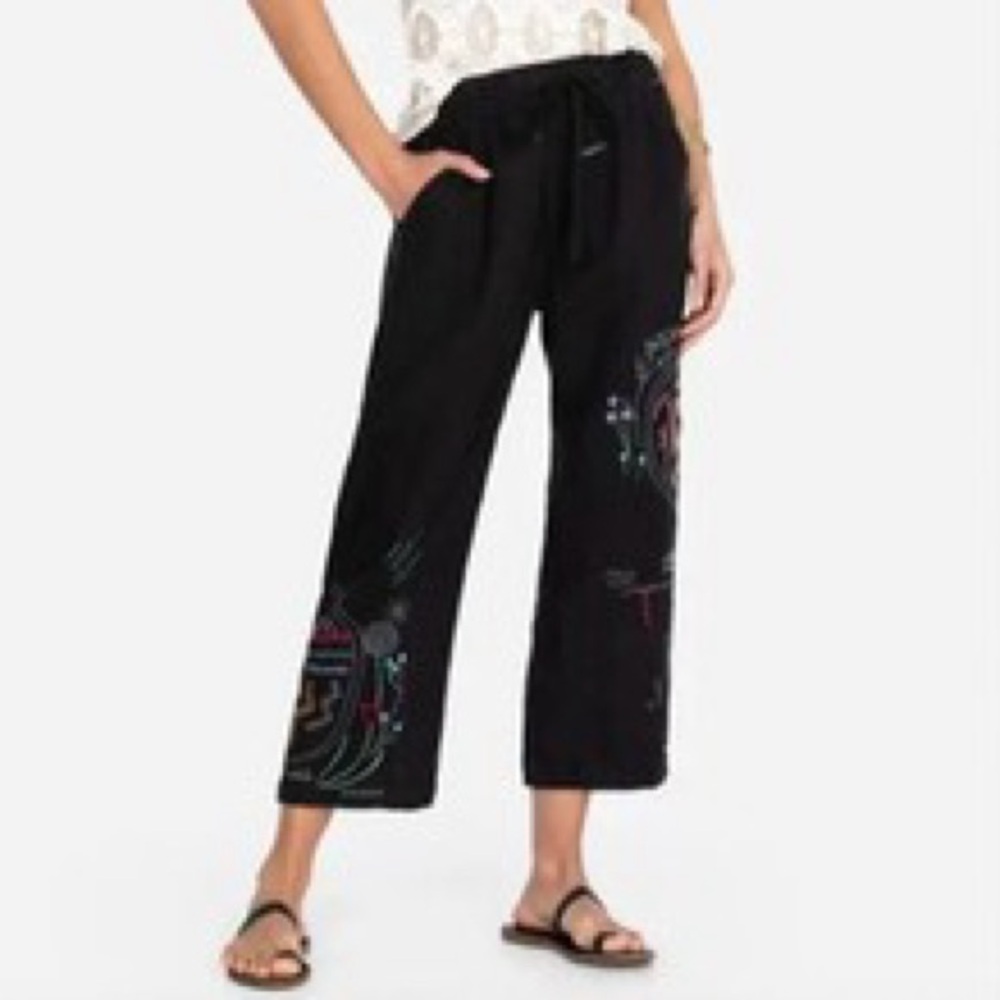 Johnny Was Pete & Greta Embroidered Wide Leg Linen Cropped Pant - Picture 2 of 15